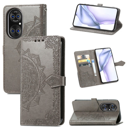 Grey mandala embossed leather-style phone wallet case with card slots and viewing stand