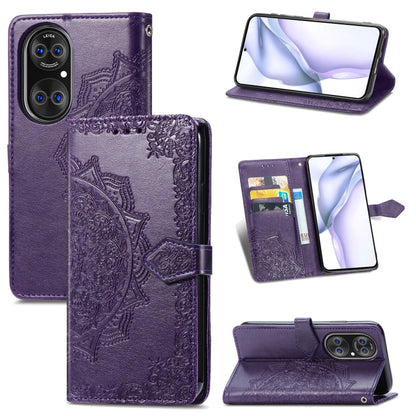 Purple mandala-embossed leather wallet phone case with flip cover and card slots