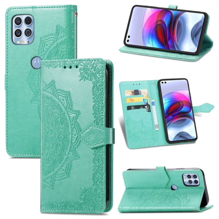 Teal green mandala-embossed leather wallet phone case with flip cover and card slots