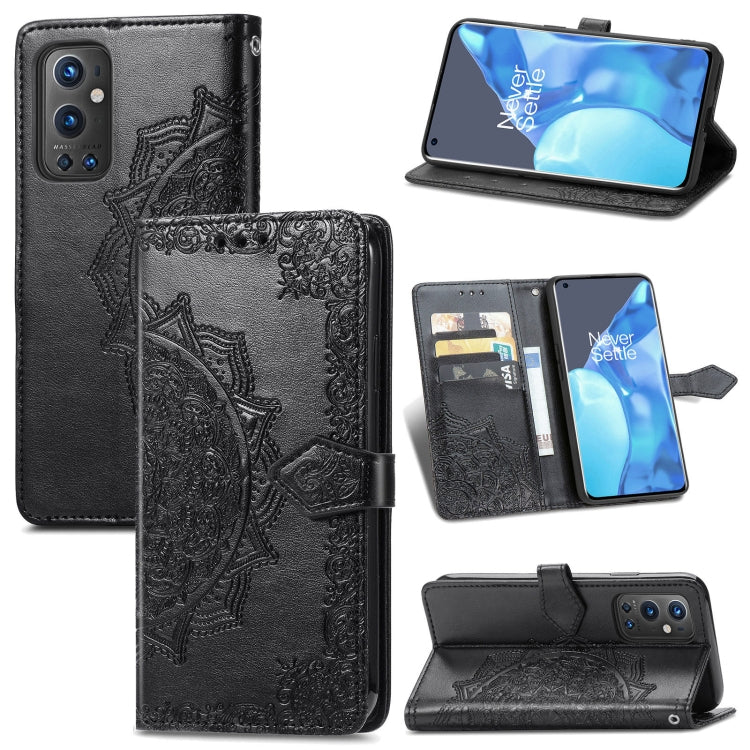 Black mandala-embossed leather wallet phone case with stand and card slots