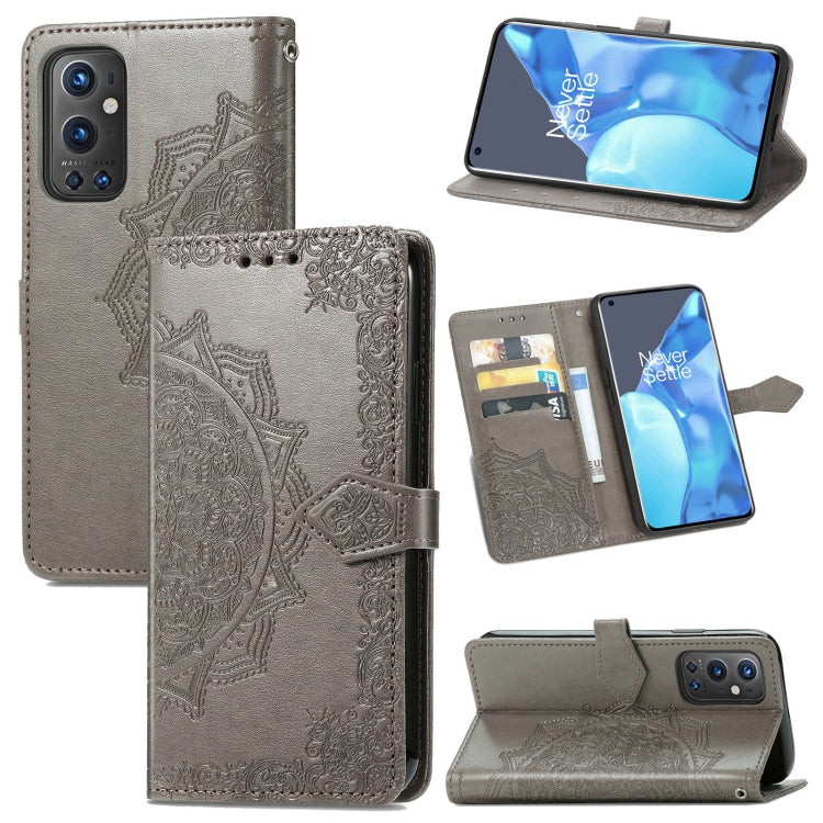 Gray mandala-embossed leather wallet phone case with stand and card slots