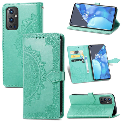 Teal embossed mandala leather wallet phone case with card slots and kickstand