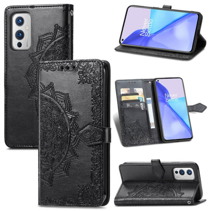Black embossed mandala leather wallet phone case with card slots and kickstand