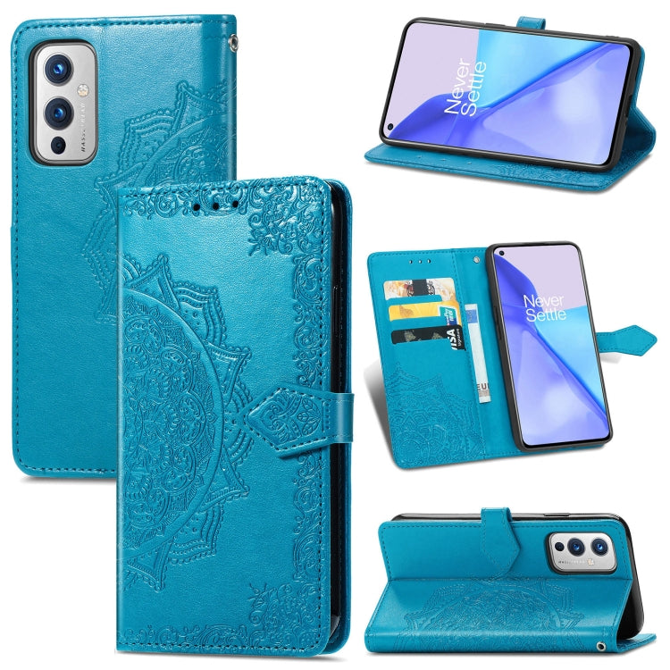 Blue embossed mandala leather wallet phone case with card slots and kickstand