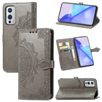Light grey embossed mandala leather wallet phone case with card slots and kickstand