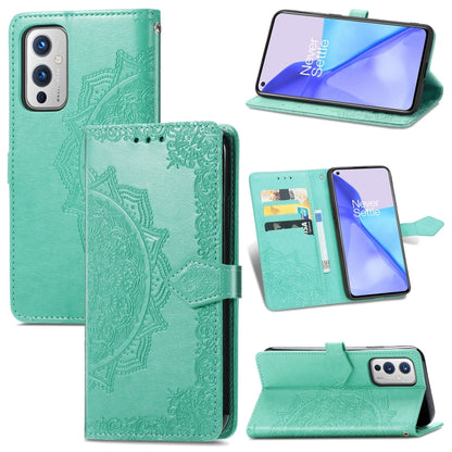 Aqua teal embossed mandala leather wallet phone case with card slots and kickstand