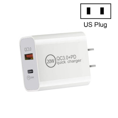Dual Fast Charging 20W PD3.0+QC 3.0 Interface Travel Charger for iPhone, Huawei, Samsung, Xiaomi, EU Plug, US Plug, AU Plug