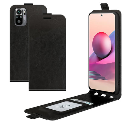 Vertical flip phone case in black with card slots and viewing stand, textured leather look