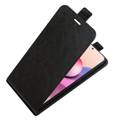 Black textured vertical flip phone case with magnetic closure and open stand position