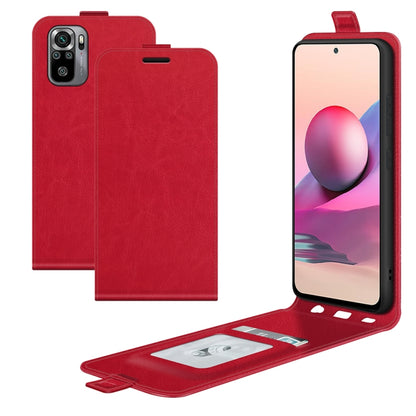 Red vertical flip phone case with card slots and stand, textured leather look