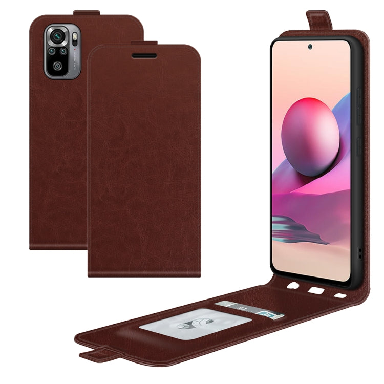 Brown vertical flip phone case with card slots and stand, textured leather finish