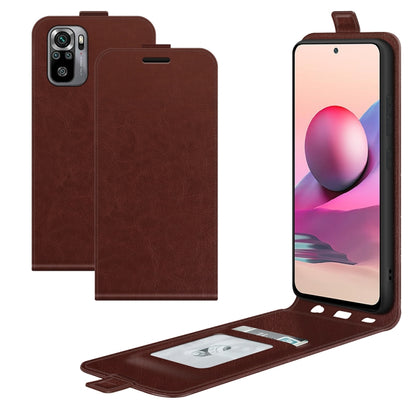 Brown vertical flip phone case with card slots and stand, textured leather finish