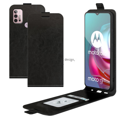 Black vertical flip leather-textured phone case with card slots and photo window