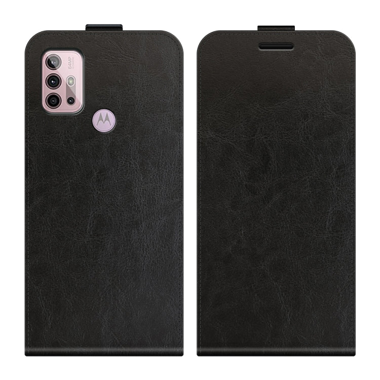 Black leather-textured vertical flip phone case, front and back shown