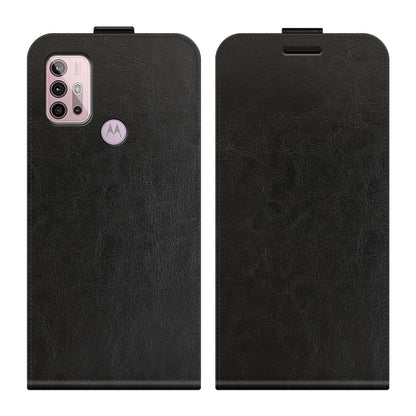 Black leather-textured vertical flip phone case, front and back shown