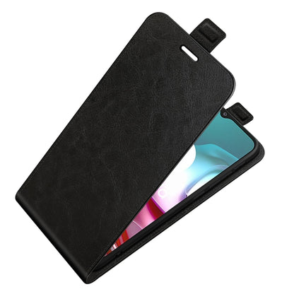 Black leather-textured vertical flip phone case with cover folded over