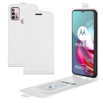 White vertical flip leather-textured phone case with card slots and photo window