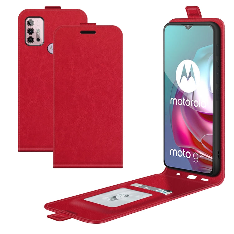Red vertical flip leather-textured phone case with card slots and photo window