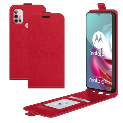Red vertical flip leather-textured phone case with card slots and photo window
