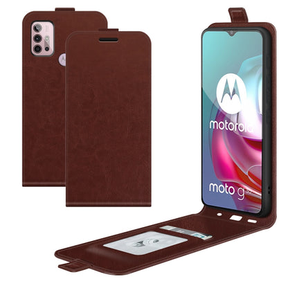 Brown vertical flip leather-textured phone case with card slots and photo window