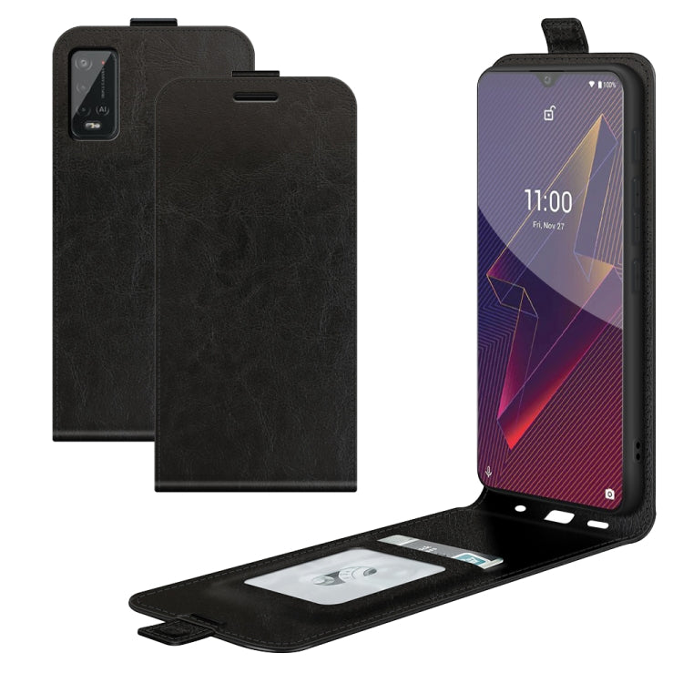 Black leather flip phone case with card slots and photo window