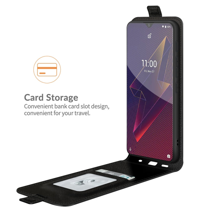 Black leather flip phone case with card slot and front photo window
