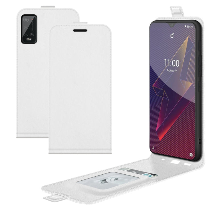 White leather flip phone case with card slot and photo window