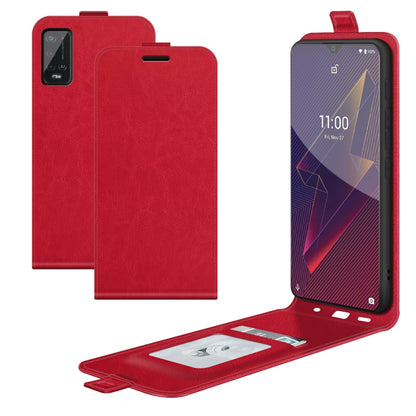 Red leather flip phone case with card slot and photo window