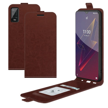 Brown leather flip phone case with card slot and photo window
