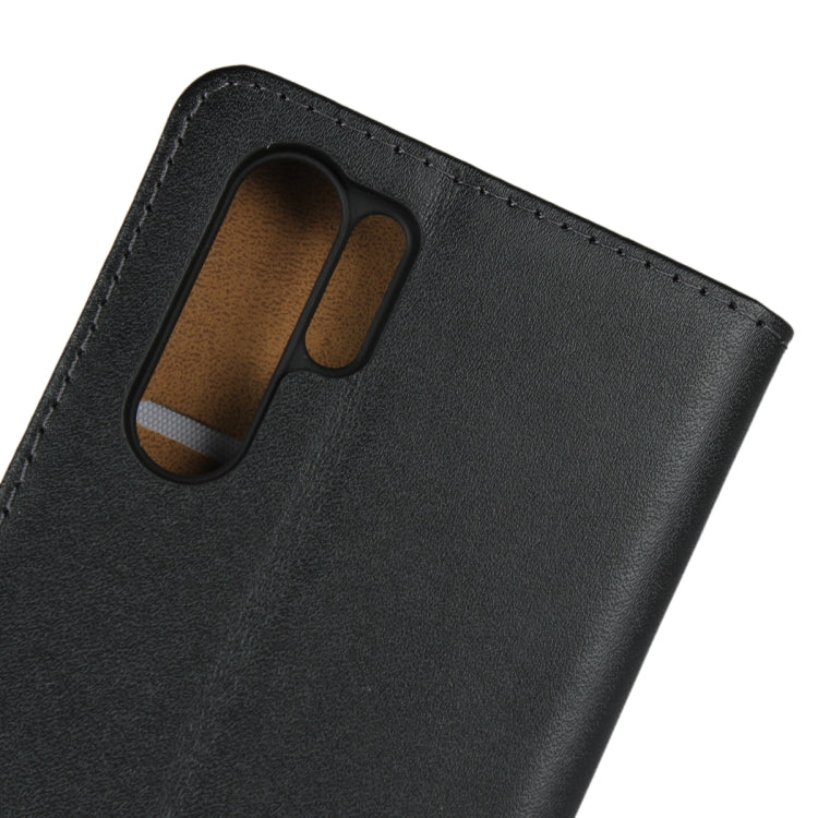 Black leather case close-up with camera and sensor cutout on back panel