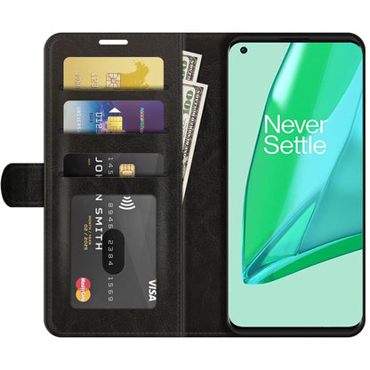 Black flip wallet protective case with card slots and windowed inner holder