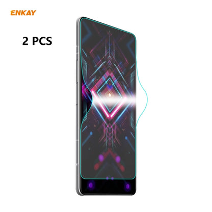 Full-coverage hydrogel screen protector film, 2-pack on smartphone screen, front view