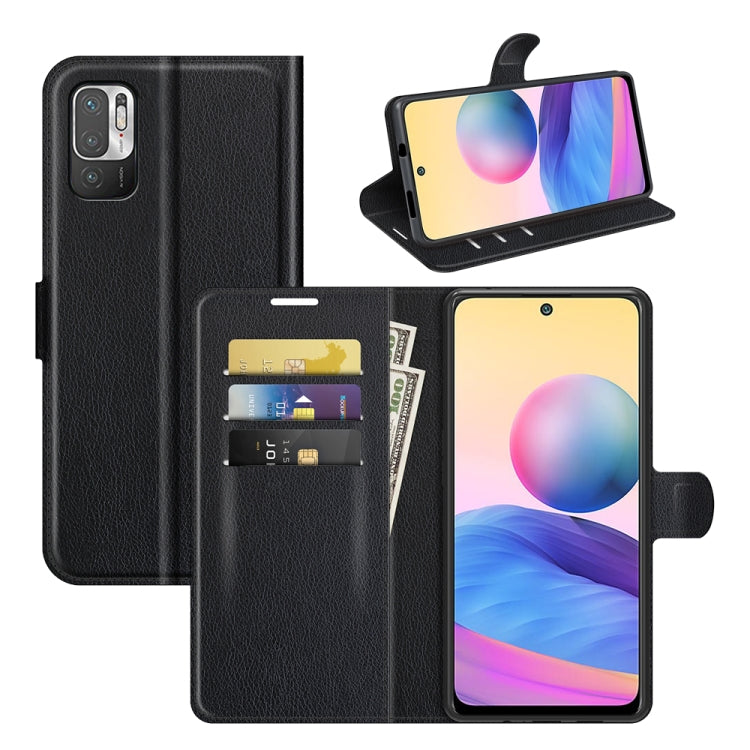Black litchi textured flip wallet phone case with card slots and viewing stand