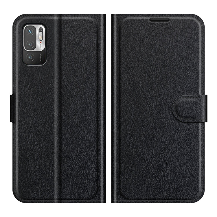Black litchi textured folio flip case with card sleeve and side pull tab