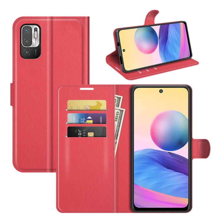 Red litchi textured flip wallet phone case with card slots and viewing stand