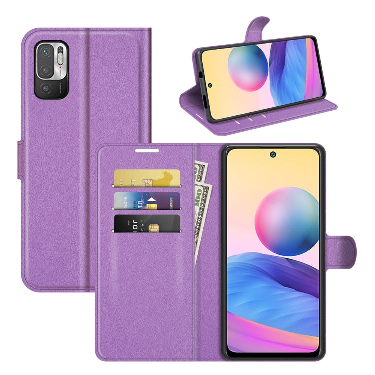 Purple litchi textured flip wallet phone case with card slots and viewing stand