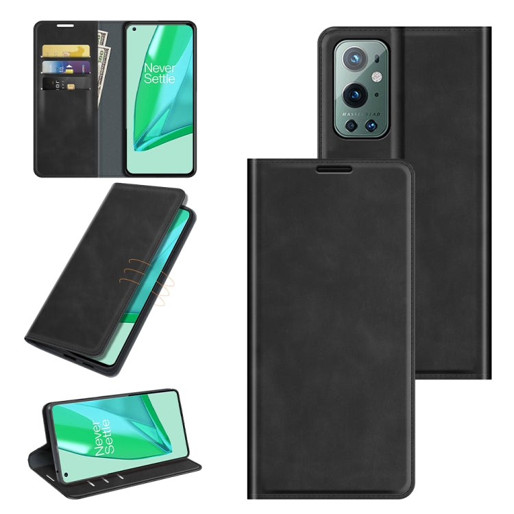 Black leather wallet case with magnetic closure, card slots, and kickstand for OnePlus 9 Pro