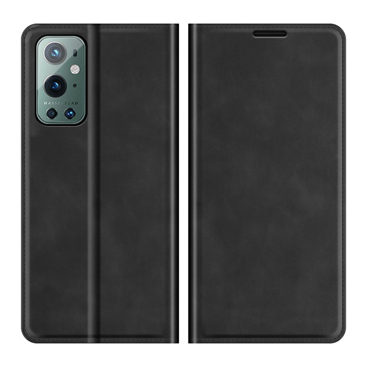 Black leather phone case with flip cover and magnetic closure for OnePlus 9 Pro
