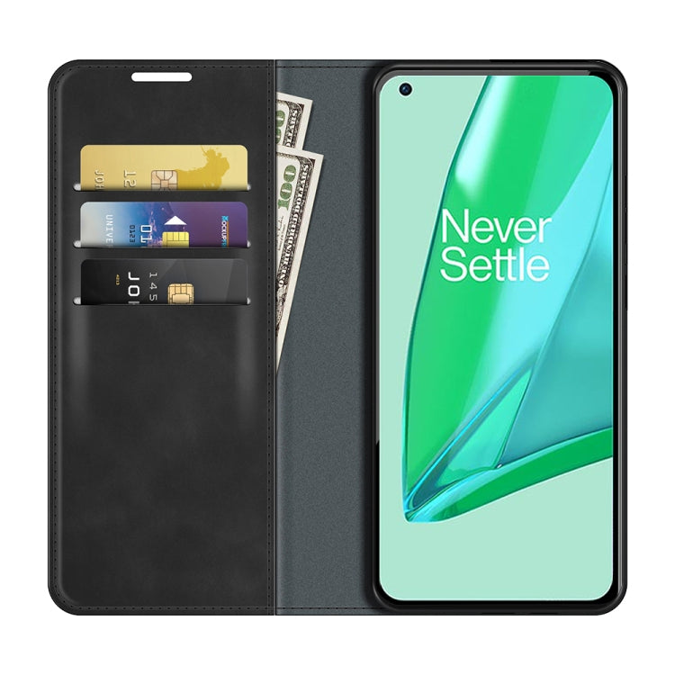 Black leather wallet case with card slots and magnetic closure for OnePlus 9 Pro