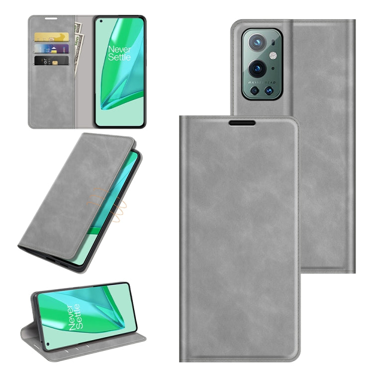 Grey leather wallet case with magnetic closure, card slots, and kickstand for OnePlus 9 Pro