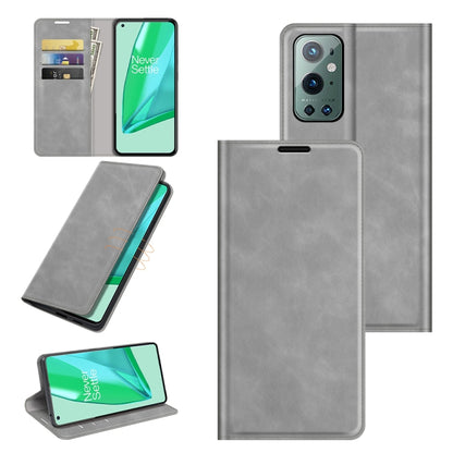Grey leather wallet case with magnetic closure, card slots, and kickstand for OnePlus 9 Pro