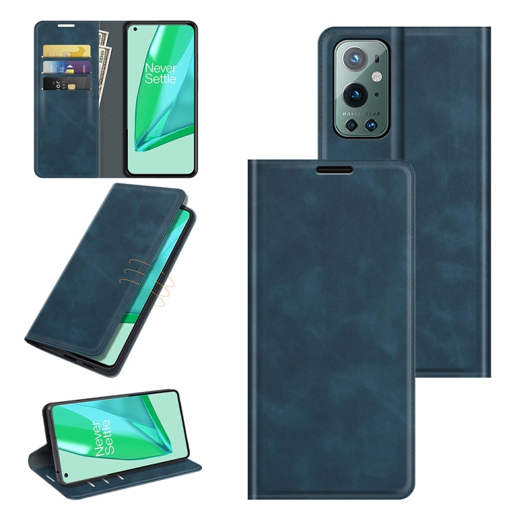 Dark blue leather wallet case with magnetic closure, card slots, and kickstand for OnePlus 9 Pro