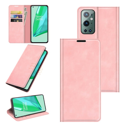 Pink leather wallet case with magnetic closure, card slots, and kickstand for OnePlus 9 Pro