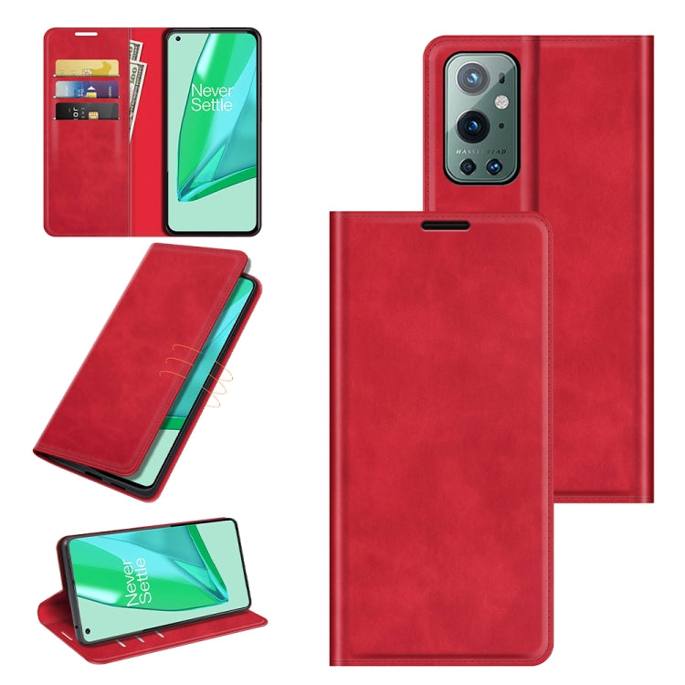 Red leather wallet case with magnetic closure, card slots, and kickstand for OnePlus 9 Pro