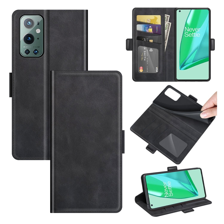 Black leather flip phone case with card slots and magnetic buckle holder