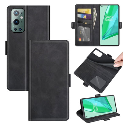 Black leather flip phone case with card slots and magnetic buckle holder