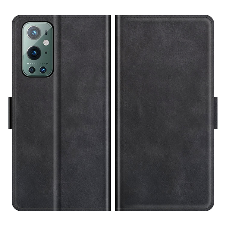 Black leather flip phone case, front and back view with phone camera cutout