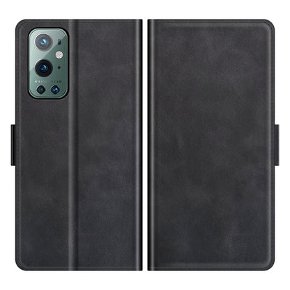 Black leather flip phone case, front and back view with phone camera cutout