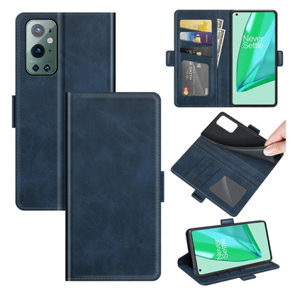 Dark blue leather flip phone case with card slots and magnetic buckle holder