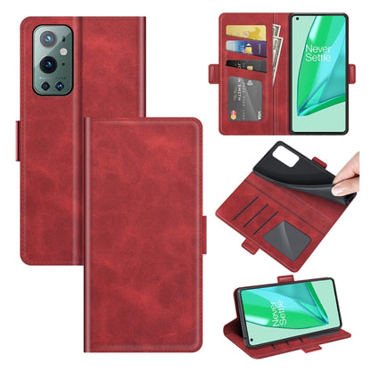 Red leather flip phone case with card slots and magnetic buckle holder